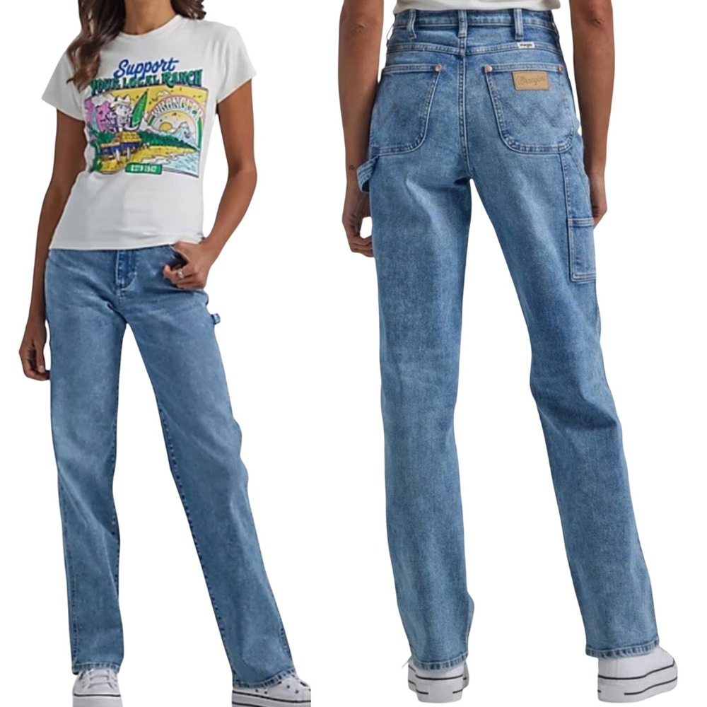 Wrangler Womens Carpenter Jeans 28 Blue High Rise Straight Leg Utility 90s Baggy - Picture 2 of 16